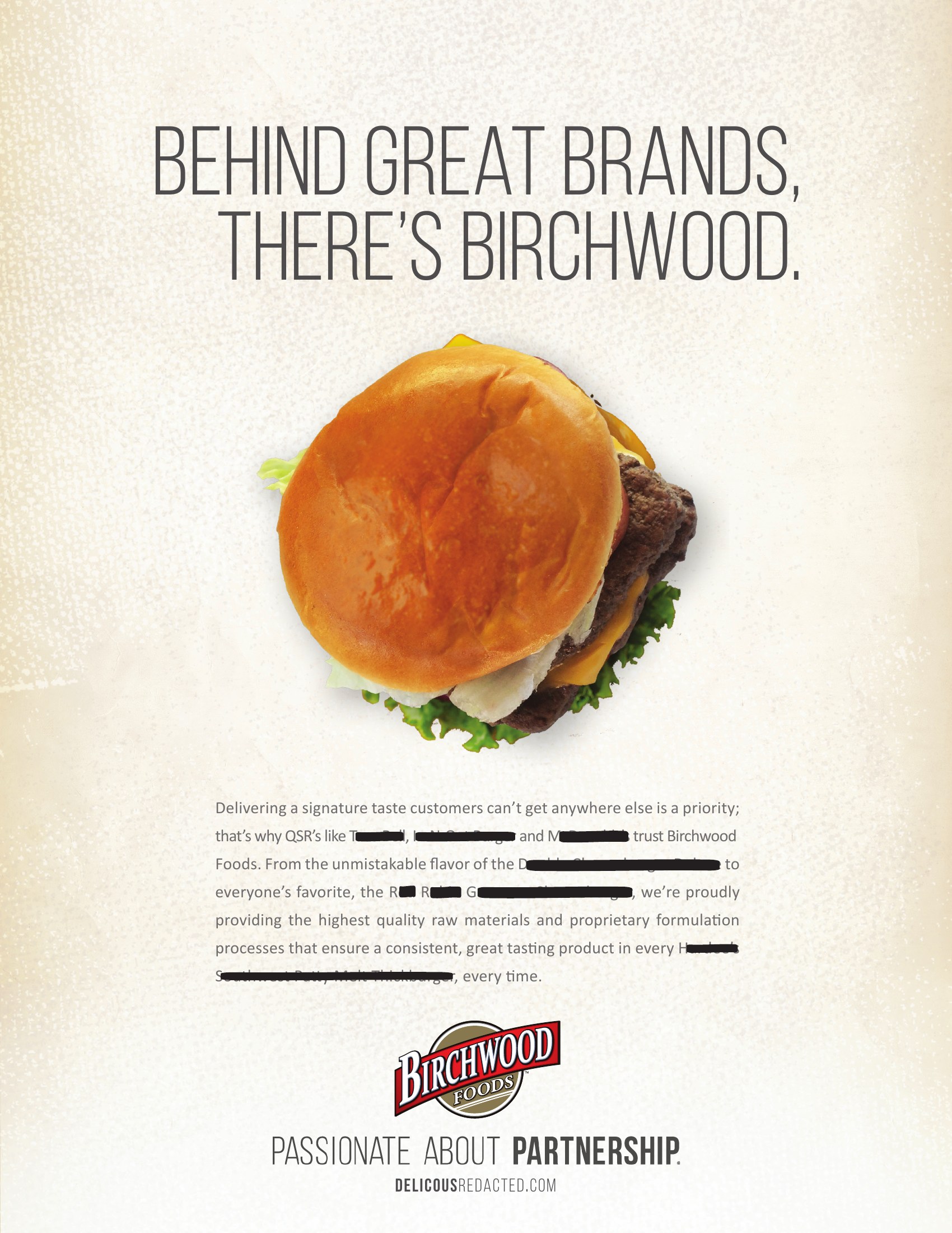 Birchwood trade ad with customer names and menu items redacted in black bars