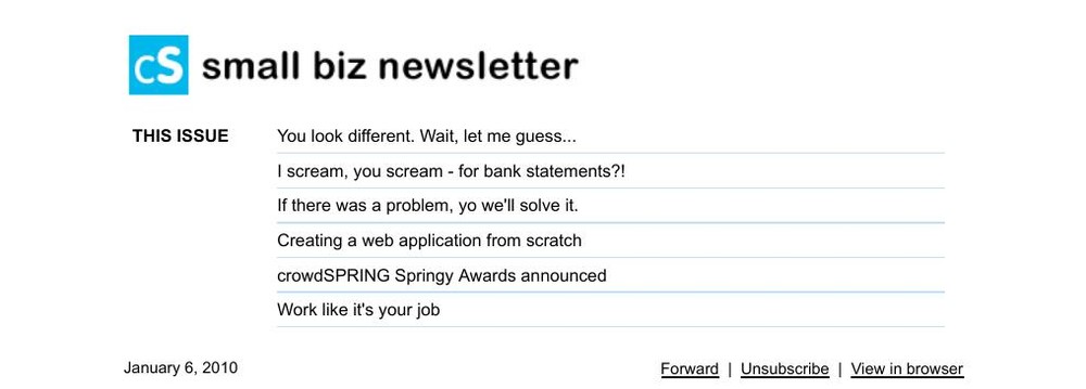 crowdSPRING Small Biz Newsletter, January 6 2010: masthead, contents, and the first three articles