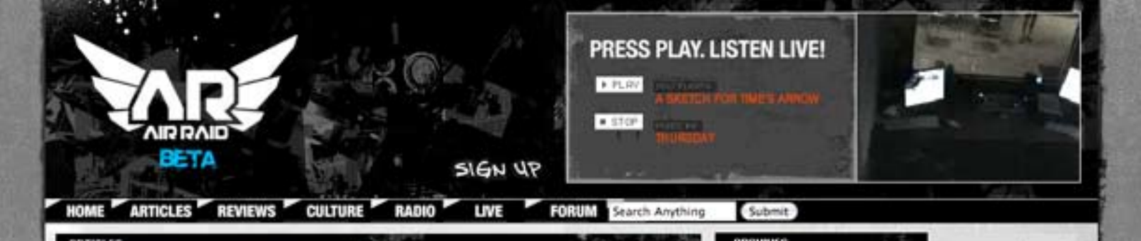 AIR RAID platform header — logo, PRESS PLAY LISTEN LIVE, navigation