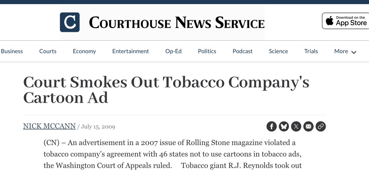 Courthouse News Service headline: Court Smokes Out Tobacco Company&rsquo;s Cartoon Ad, July 15 2009