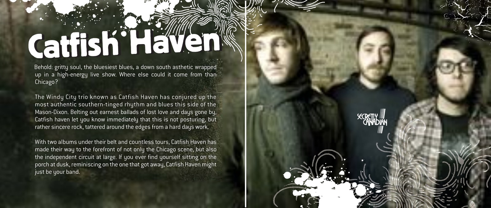The FARM CD booklet inside spread for Catfish Haven, with bio copy and band photo