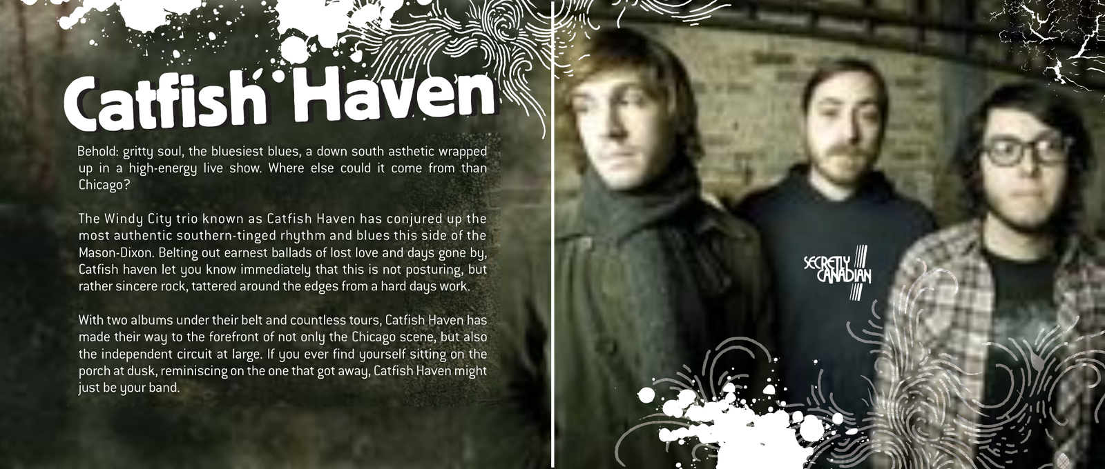 The FARM CD booklet inside spread for Catfish Haven, with bio copy and band photo