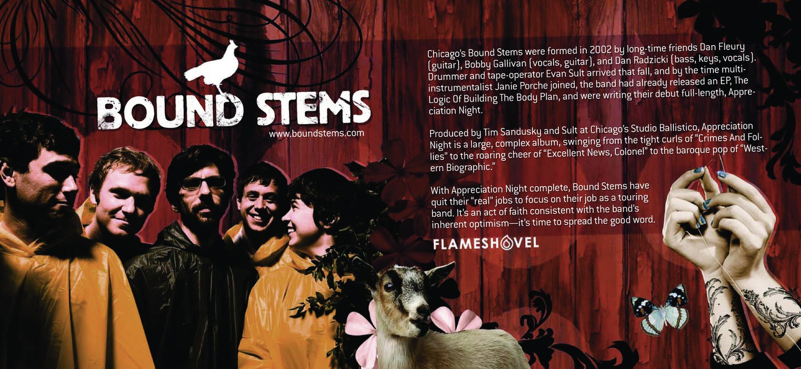 The FARM CD booklet spread for Bound Stems, with bio copy and band photo
