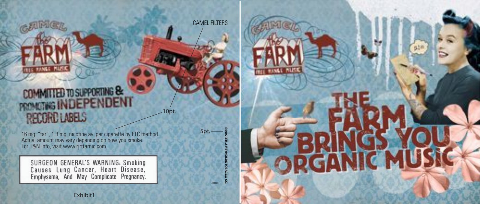 The FARM CD compilation cover spread with Camel branding, red tractor illustration, Surgeon General's Warning, and exhibit-1 legal markup
