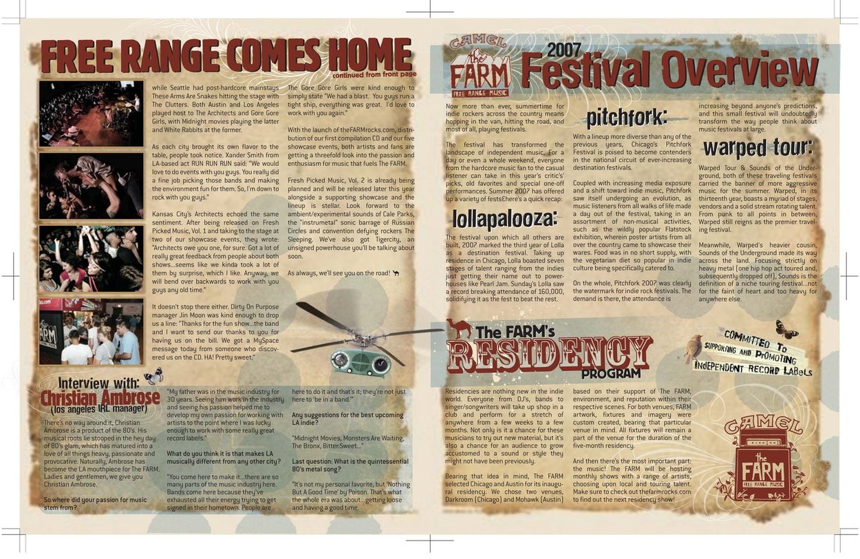 The FARM Newsletter inside spread covering Pitchfork, Lollapalooza, and Warped Tour 2007