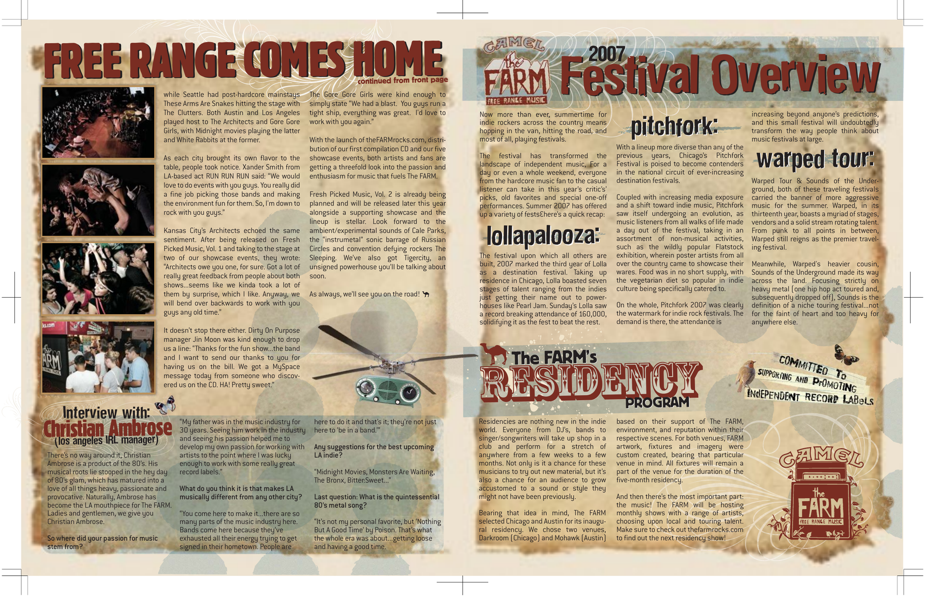 The FARM Newsletter inside spread covering Pitchfork, Lollapalooza, and Warped Tour 2007