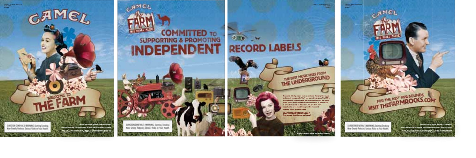 Rolling Stone four-panel gatefold centerfold for Camel/The FARM, with Surgeon General's Warning on every panel