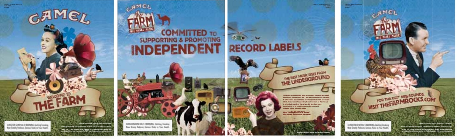 Rolling Stone four-panel gatefold for Camel and The FARM, with the Surgeon General&rsquo;s Warning on every panel