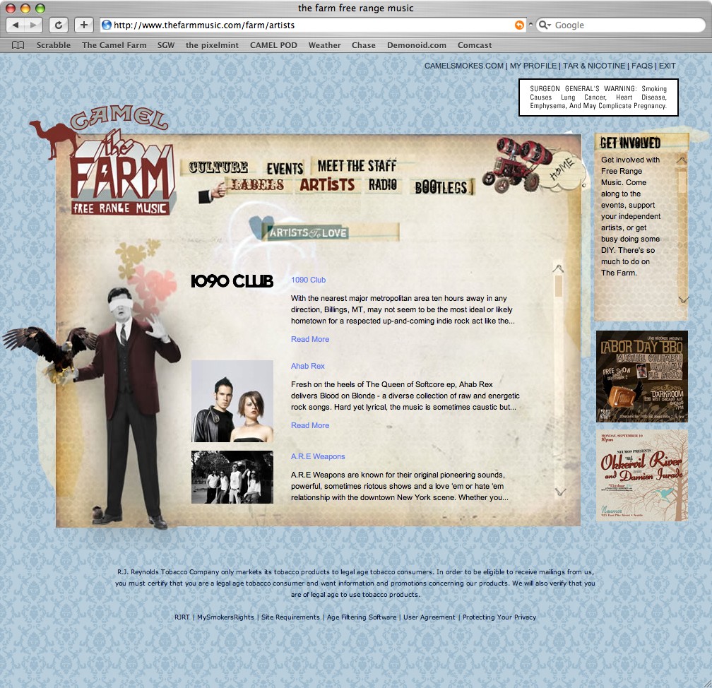 The FARM website, artists section, showing navigation, artist entries with photography, and the Surgeon General's Warning and age-verification footer