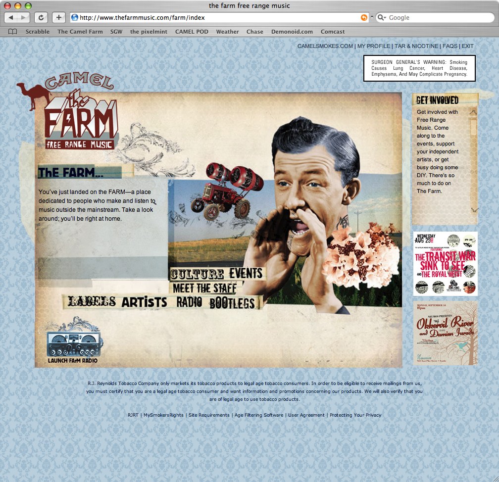 thefarmrocks.com homepage with the Surgeon General&rsquo;s Warning at top and age-verification language in the footer