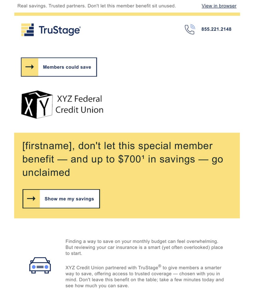 Email creative with savings messaging and call to action