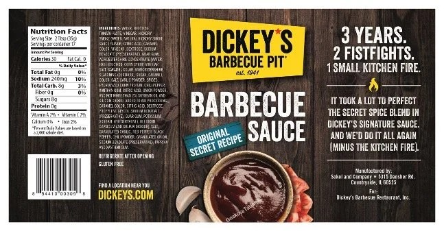 Dickey's Barbecue Pit sauce label — headline reading 3 Years. 2 Fistfights. 1 Small Kitchen Fire.