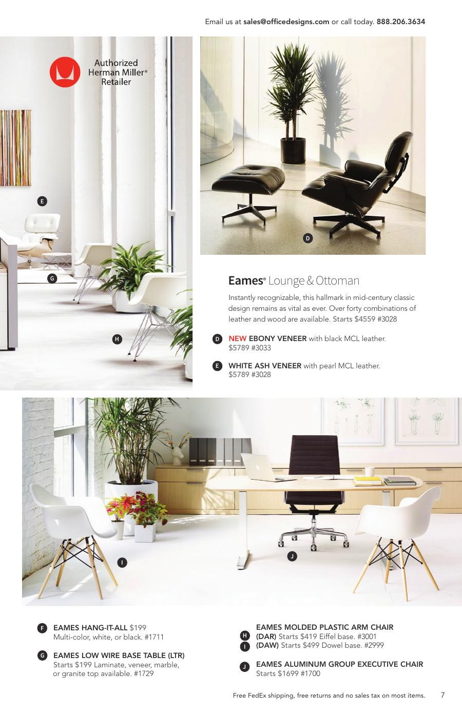 Catalog interior spread featuring the Eames Lounge and Ottoman