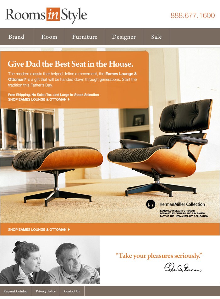 Rooms in Style Father's Day email featuring the Eames Lounge and Ottoman