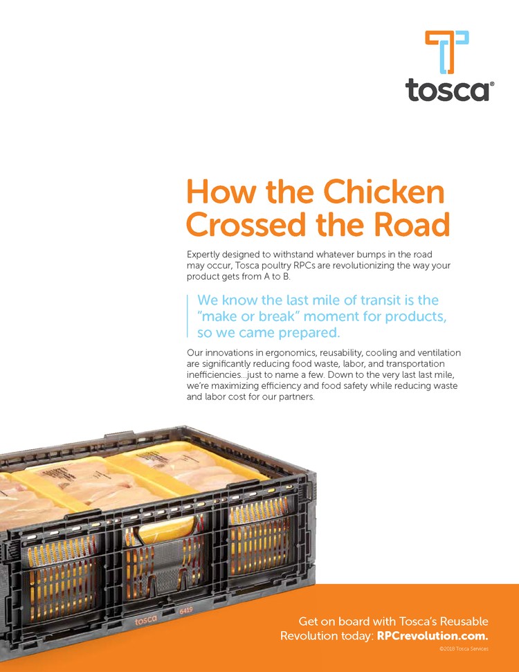Tosca poultry crate ad — headline: How the Chicken Crossed the Road